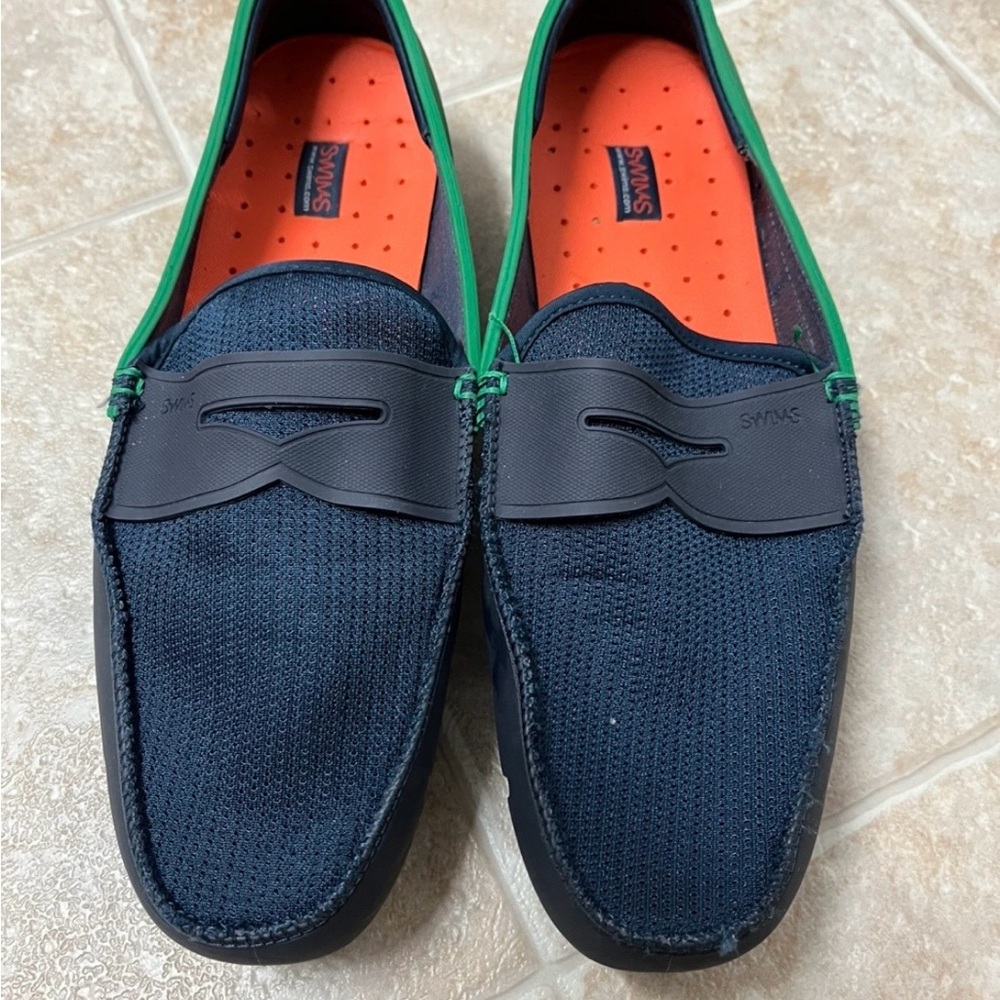 Swims Navy Knit Slip-On Mens Loafers with Green Trim and Orange Insole